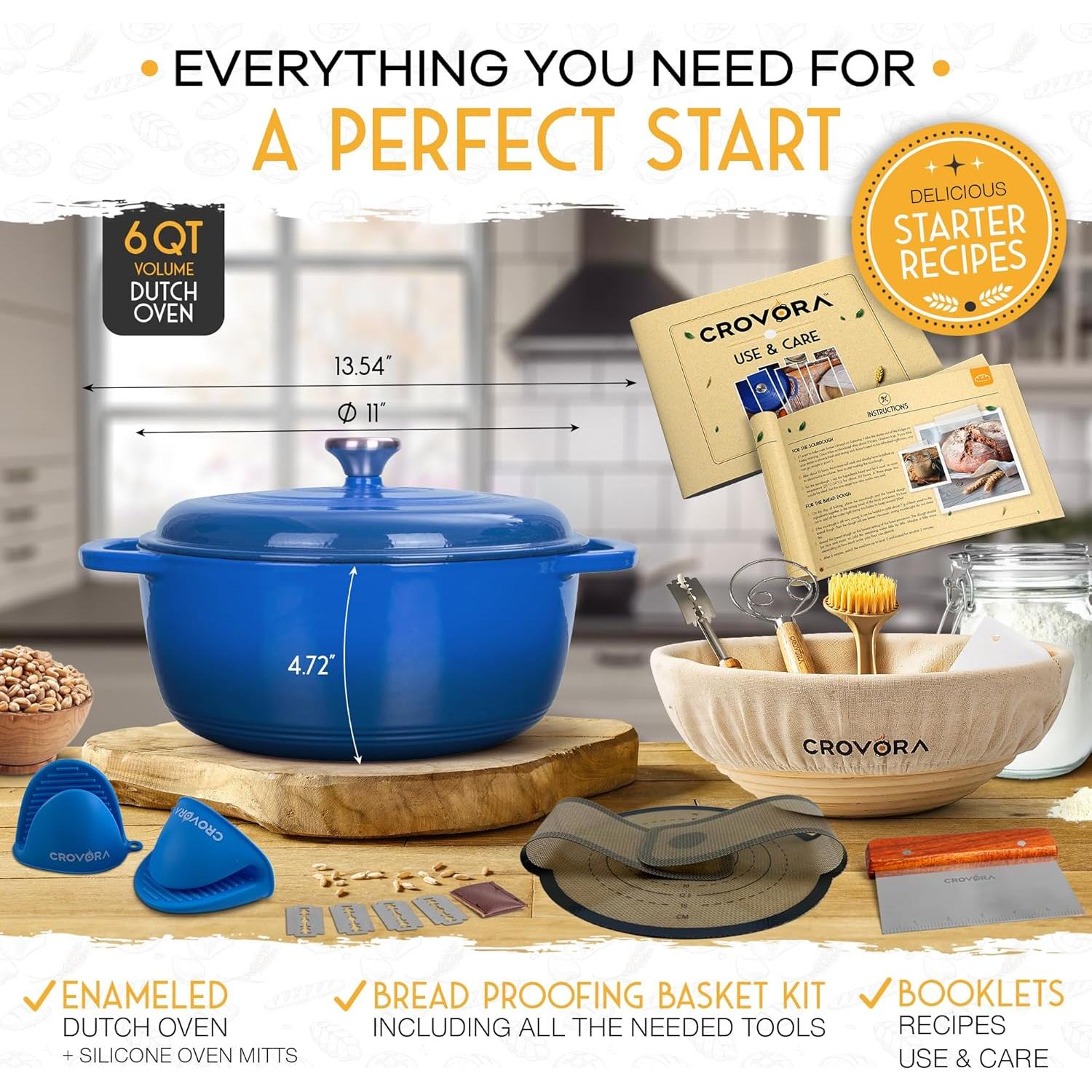 Olla de hierro fundido esmaltada Crovora 6 QT azul con tapa