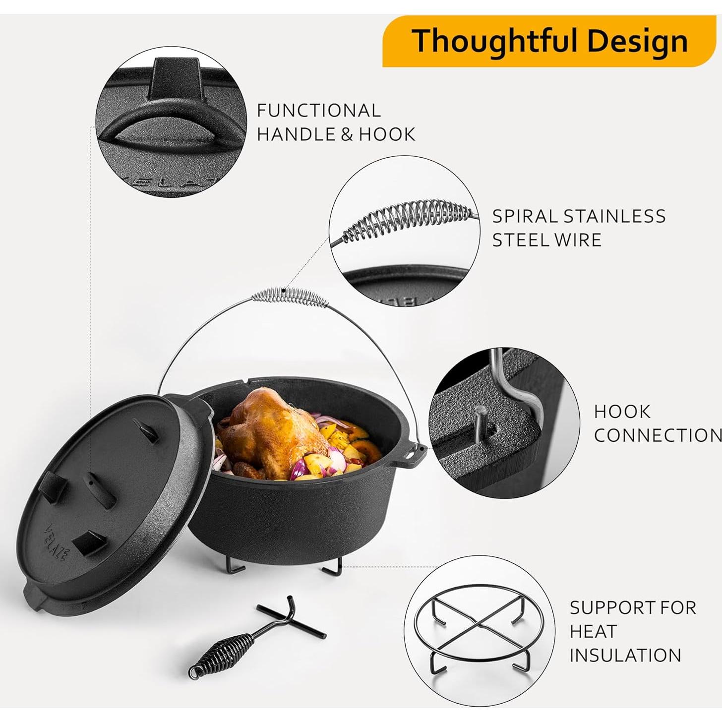 Horno Holandés de Camping Velaze 10QT Hierro Fundido Pre-Sazonado