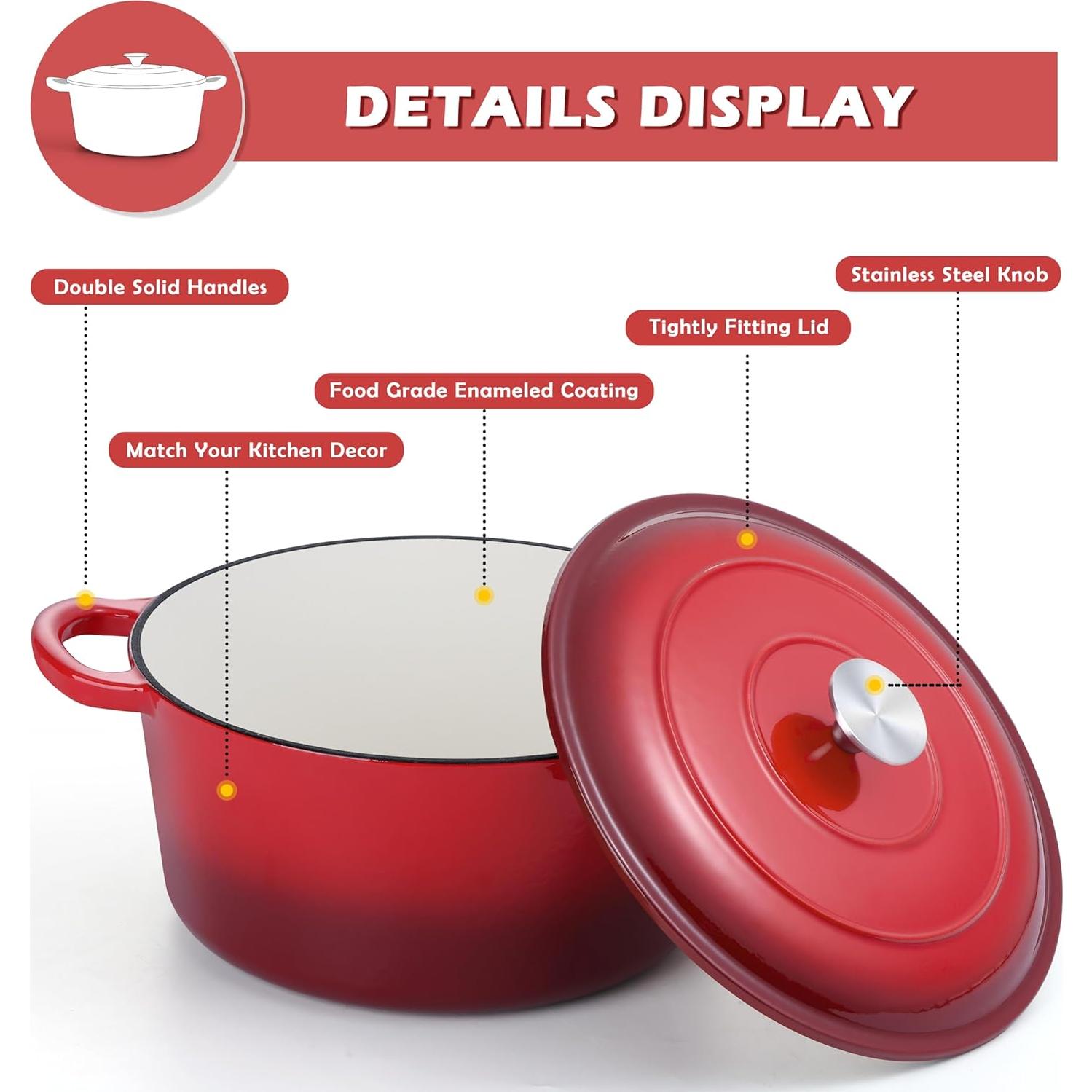 Olla de Hierro Fundido Enameled TeamFar 6QT Roja con Tapa