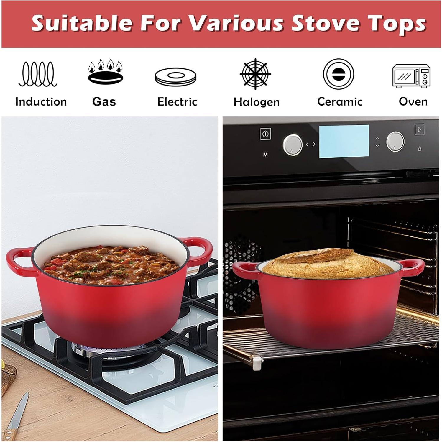 Olla de Hierro Fundido Enameled TeamFar 6QT Roja con Tapa