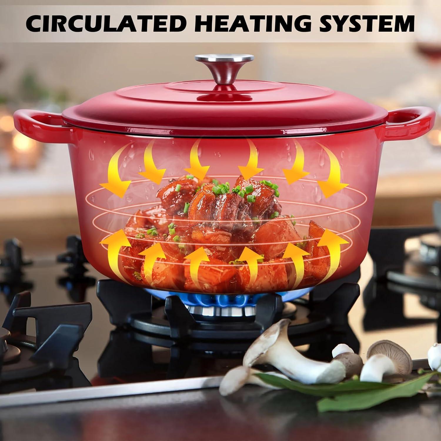 Olla de Hierro Fundido Enameled TeamFar 6QT Roja con Tapa