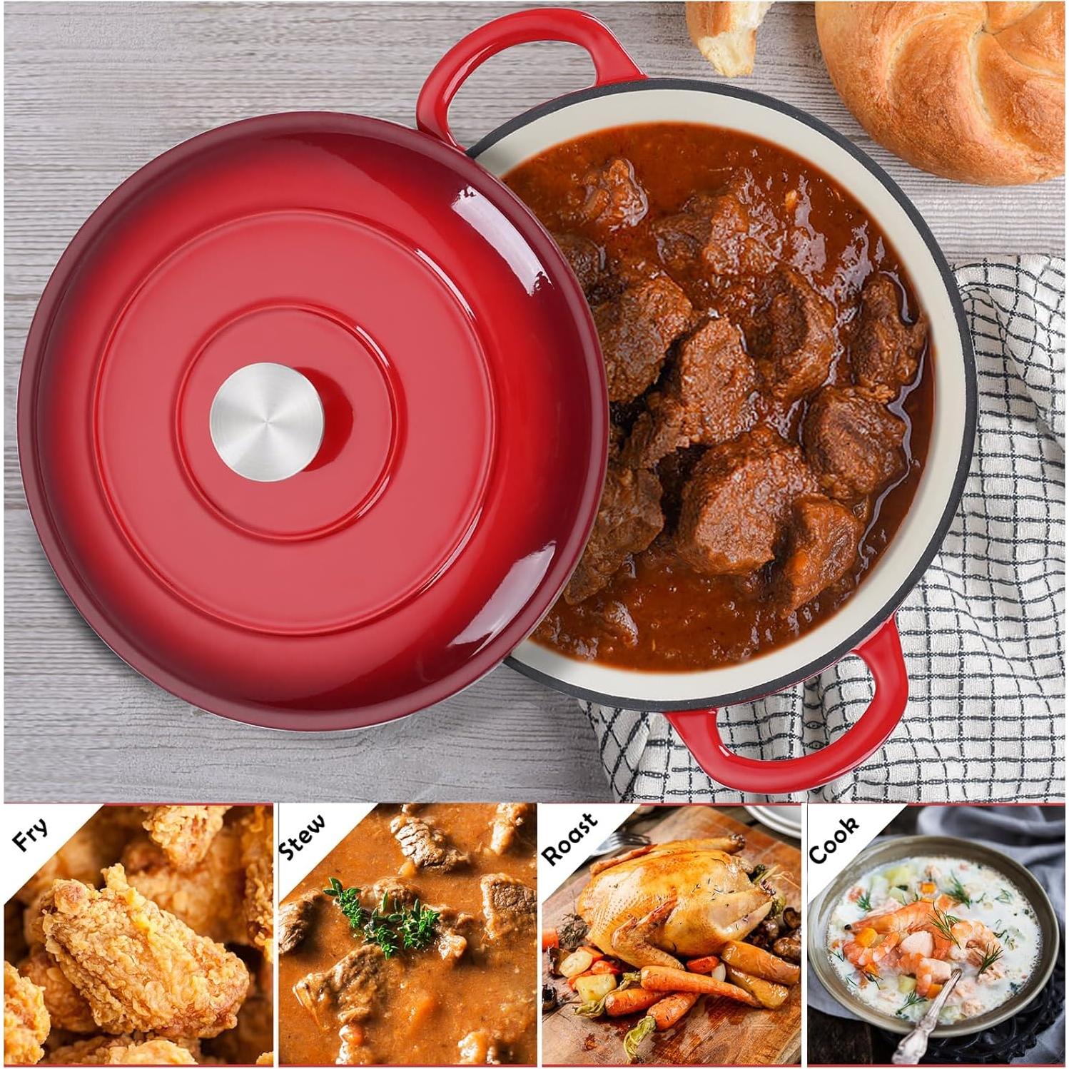 Olla de Hierro Fundido Enameled TeamFar 6QT Roja con Tapa