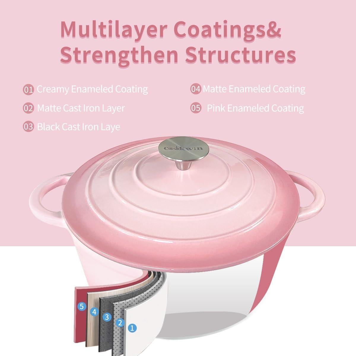 Olla Holandesa de Hierro Fundido COOKWIN 4.5L Rosa con Tapa