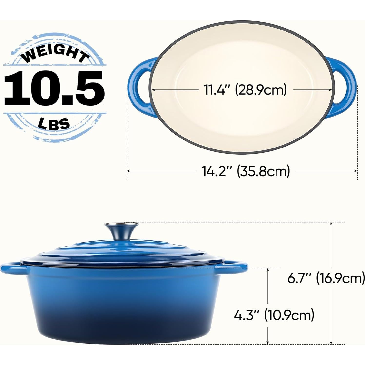 Oval Dutch Oven for Bread Baking, 4.5 Quart Non Stick Enameled Cast Iron Dutch Oven Pot with Lid, Oven Safe Oval Casserole with Lid up to 500°F for Baking, Braising, Stews, Roasting (Blue)