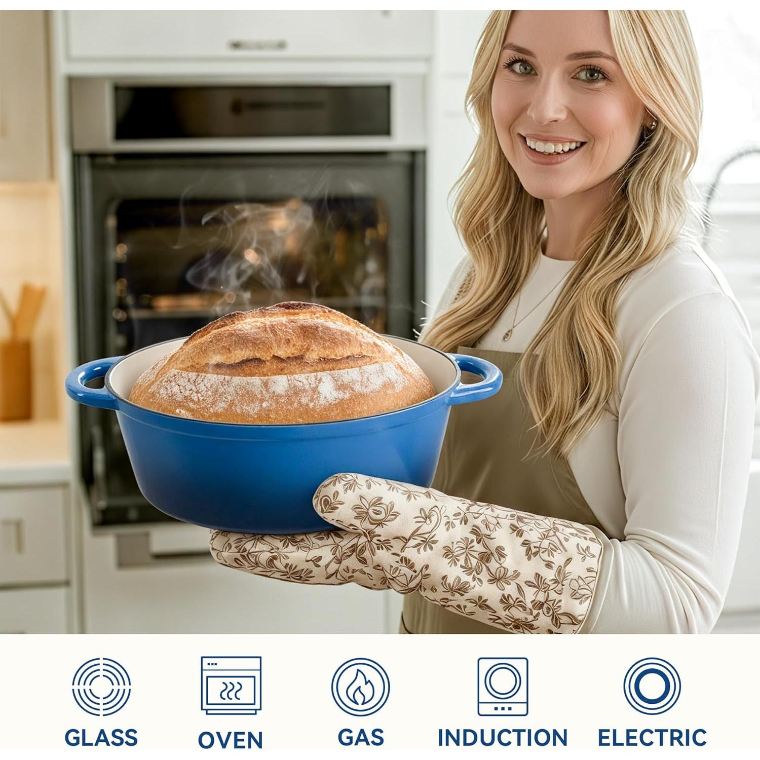 Oval Dutch Oven for Bread Baking, 4.5 Quart Non Stick Enameled Cast Iron Dutch Oven Pot with Lid, Oven Safe Oval Casserole with Lid up to 500°F for Baking, Braising, Stews, Roasting (Blue)