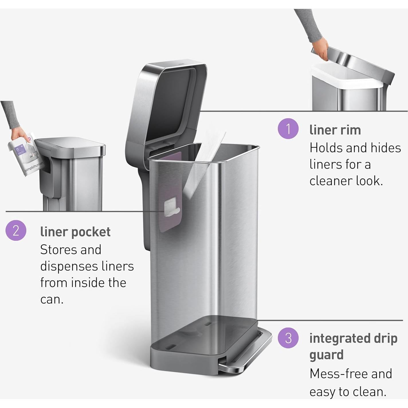 Basurero de Cocina 45L simplehuman Acero Inoxidable Tapa Paso
