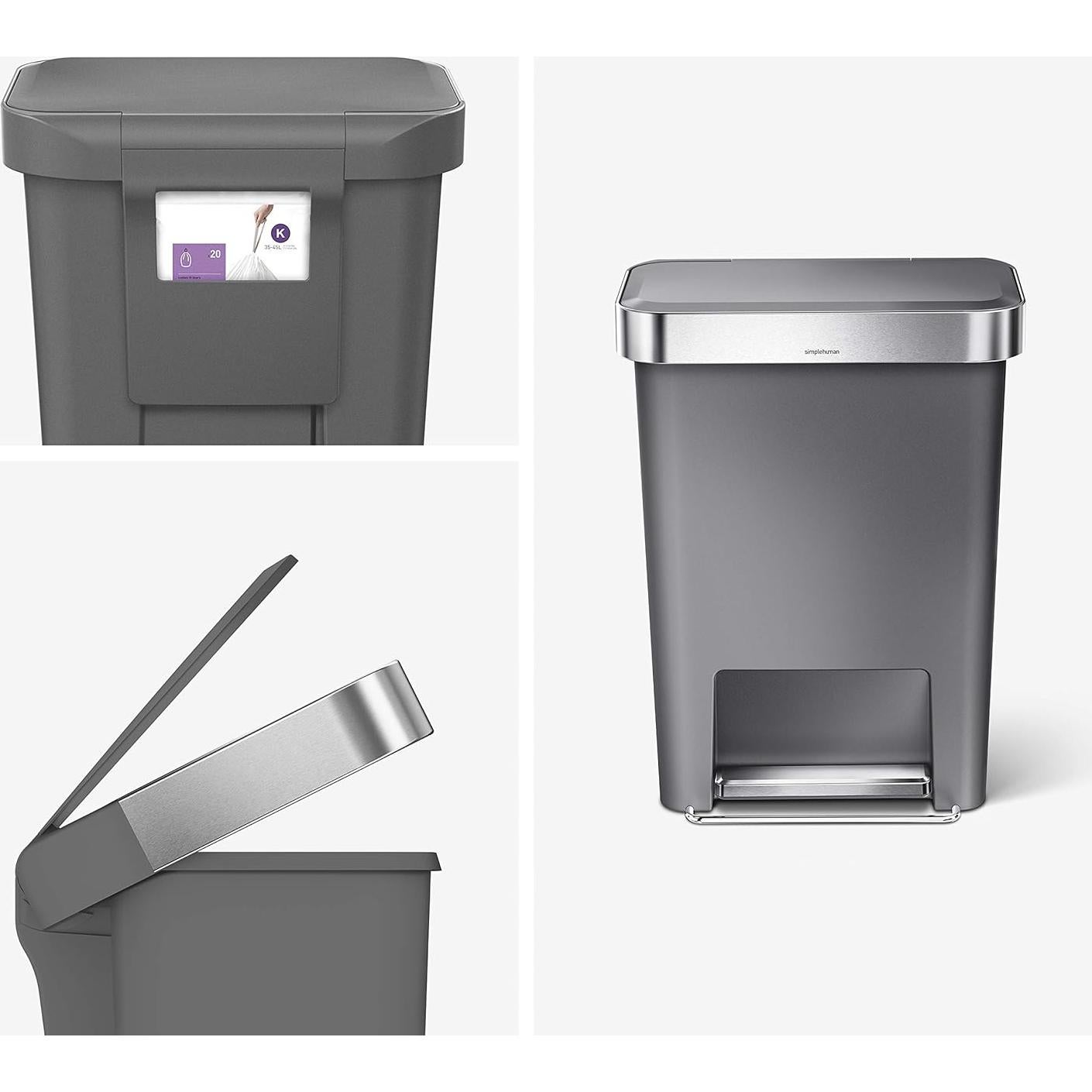 Cubo de Basura Rectangular 45L simplehuman Gris con Tapa Cierre Suave