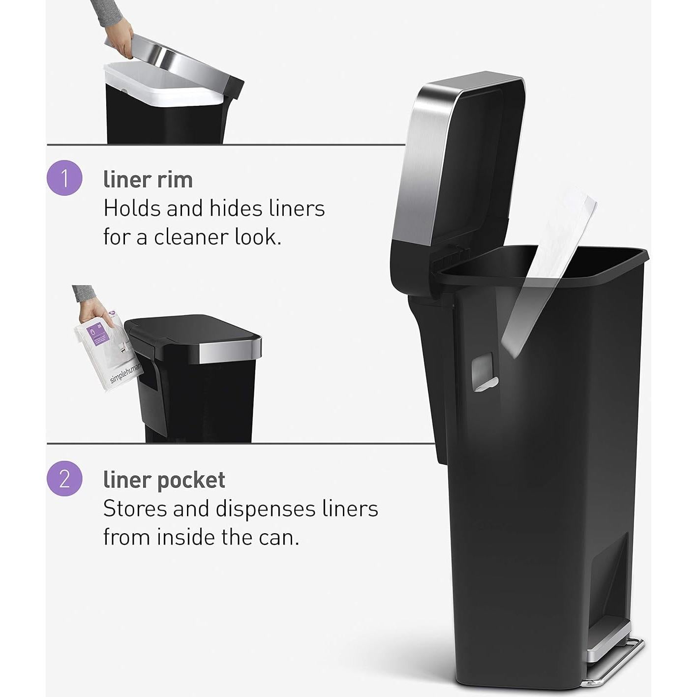 Cubo de Basura Rectangular 45L simplehuman Gris con Tapa Cierre Suave