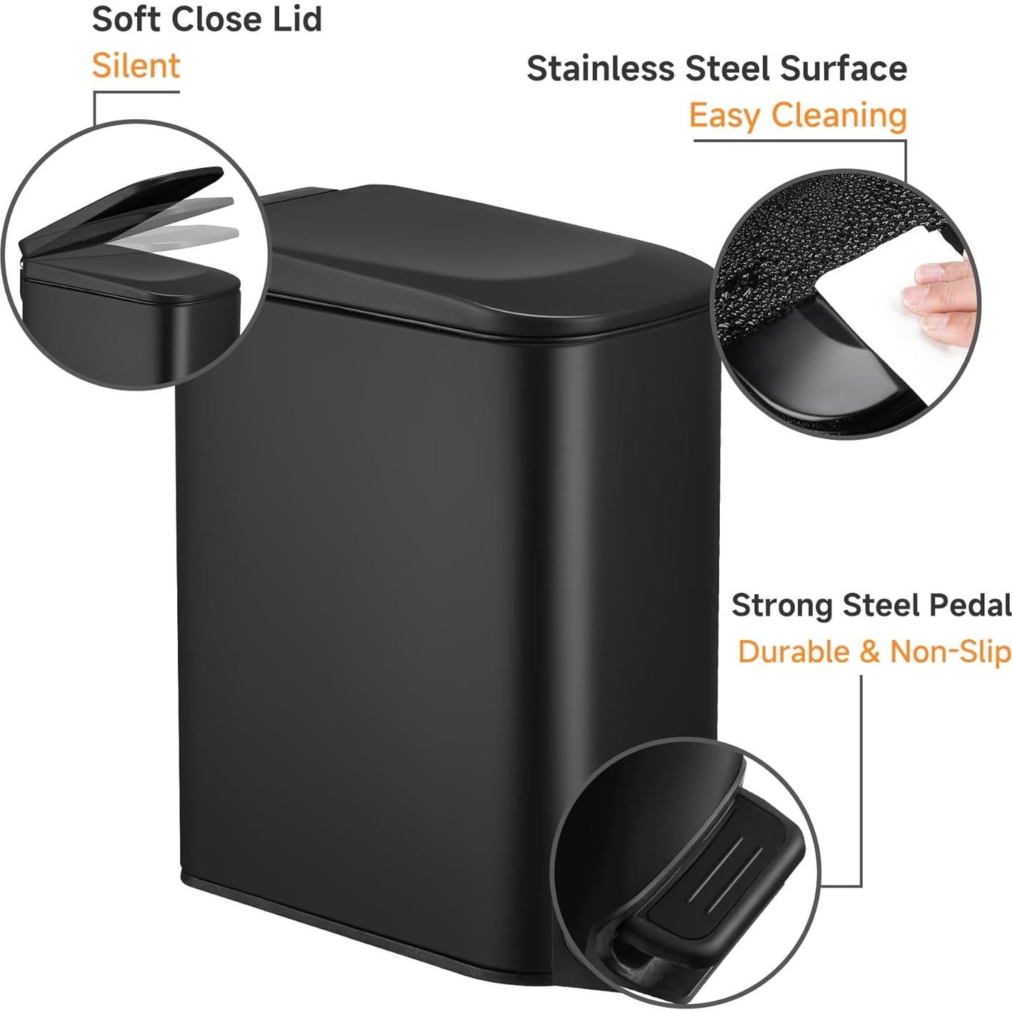 Cubo de Basura Slim TIPGO 6L con Tapa Suave y Pedal - Negro Mate