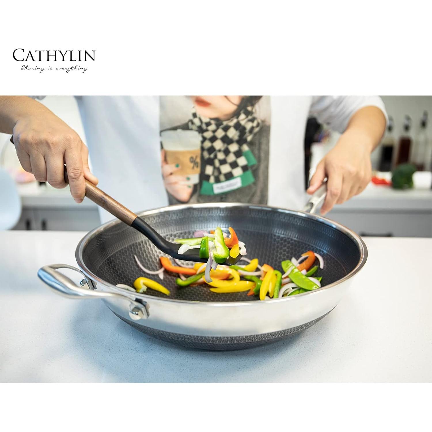 Wok de Acero Inoxidable 33 cm Cathylin con Tapa Antiadhesiva