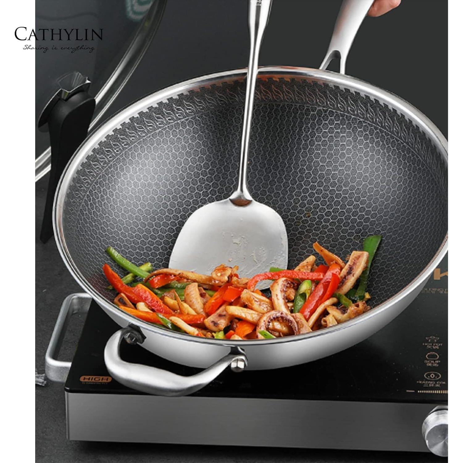 Wok de Acero Inoxidable 33 cm Cathylin con Tapa Antiadhesiva