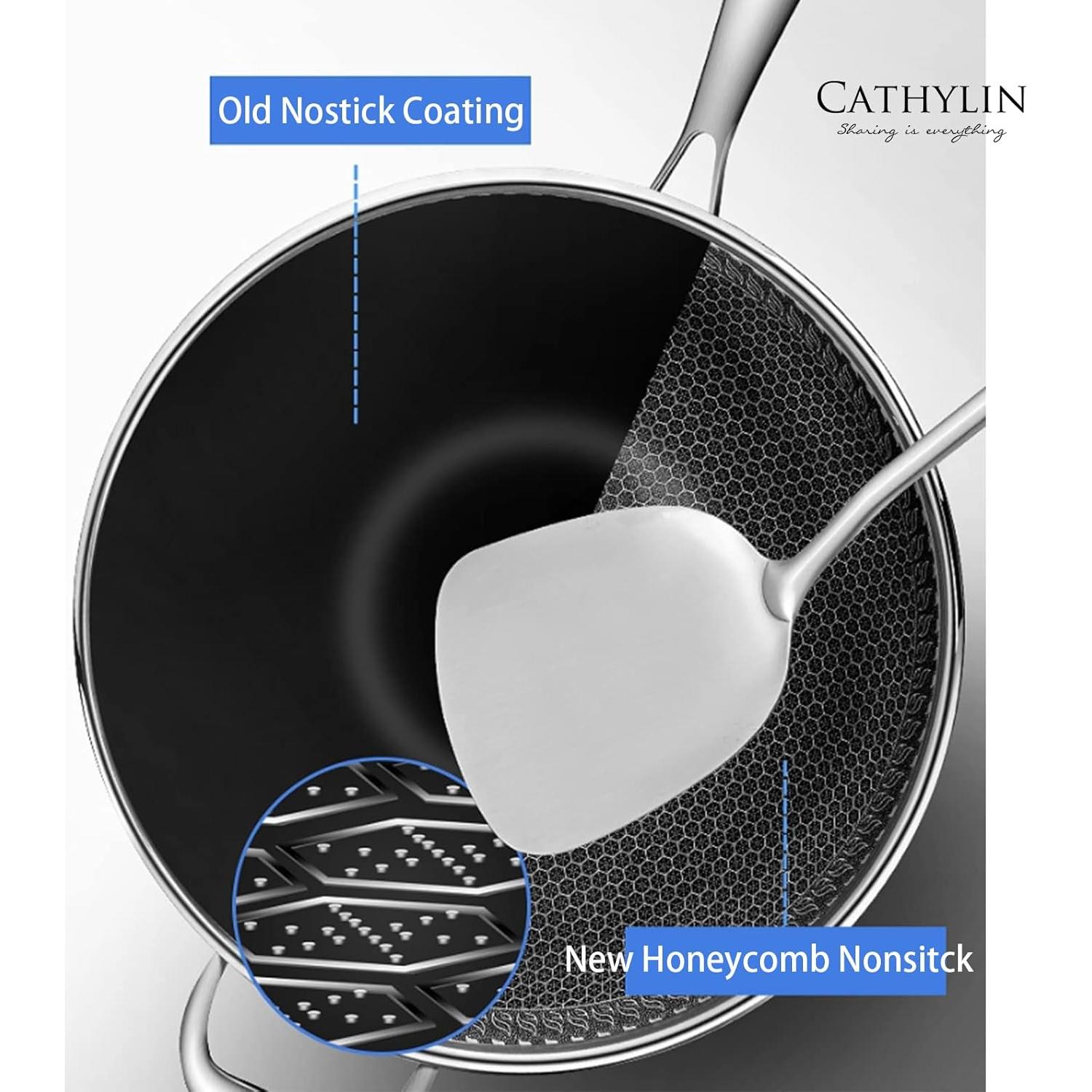 Wok de Acero Inoxidable 33 cm Cathylin con Tapa Antiadhesiva