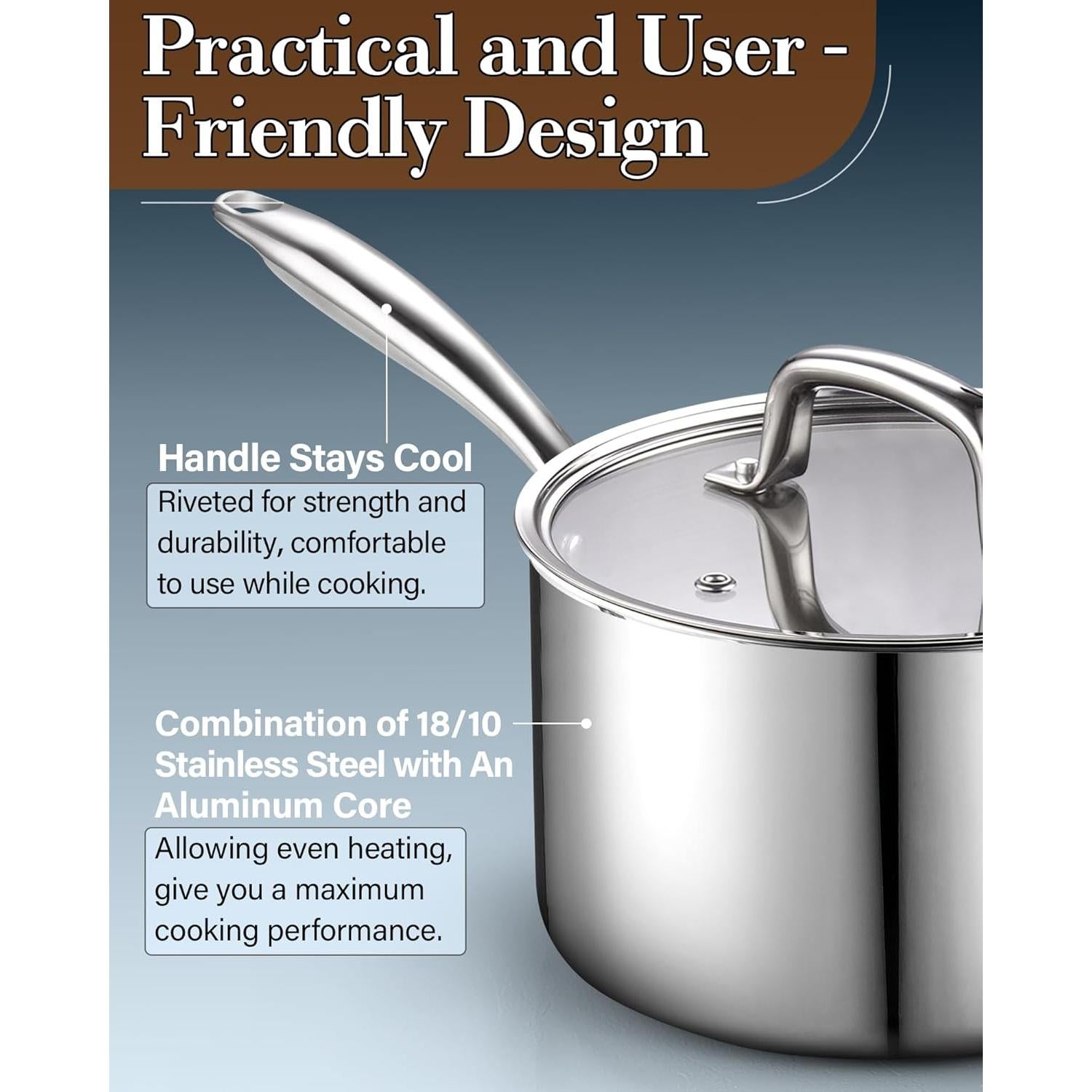 Cacerola de Acero Inoxidable Cook N Home 1.5L con Tapa de Vidrio