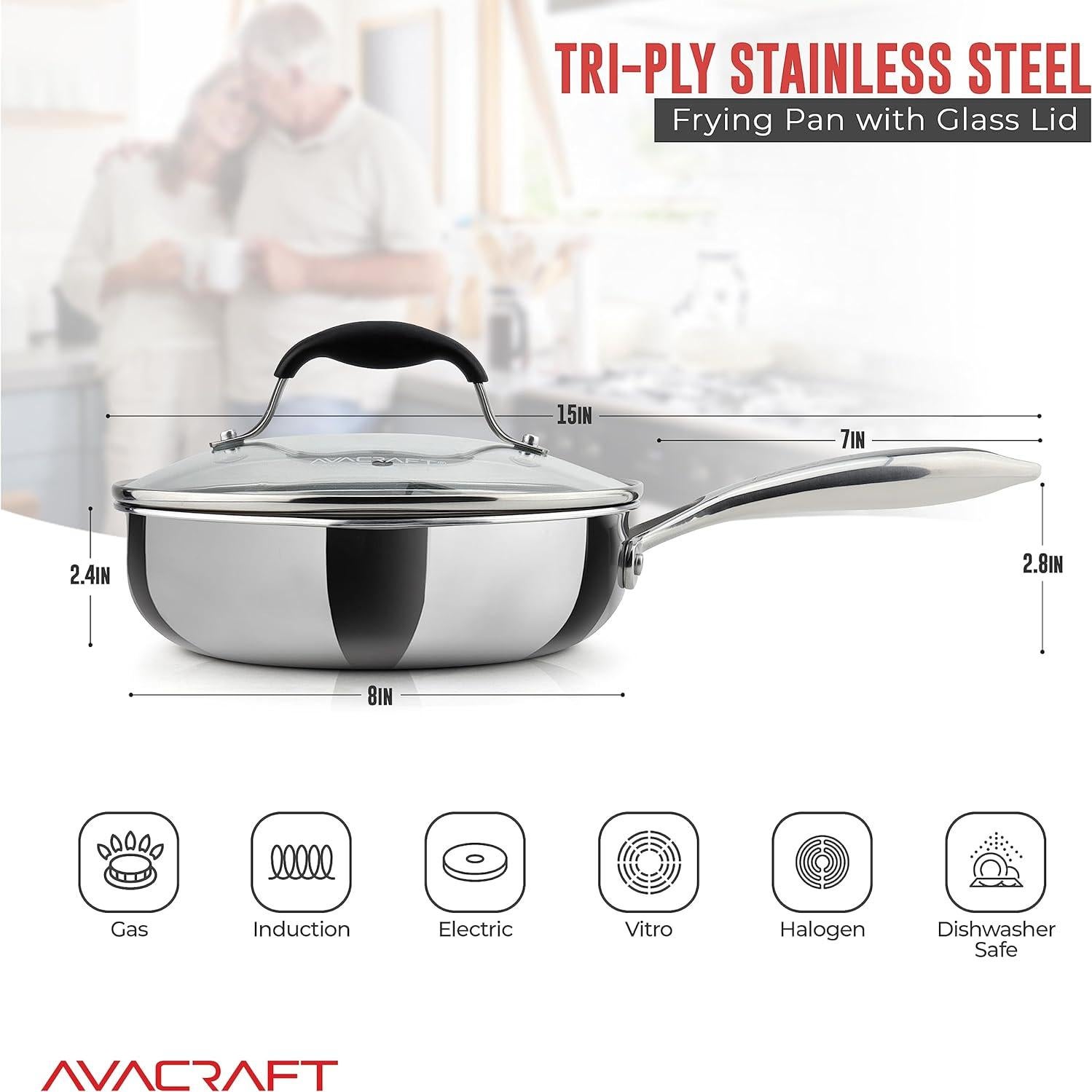 Sartén de Acero Inoxidable AVACRAFT 20 cm con Tapa y Salidas