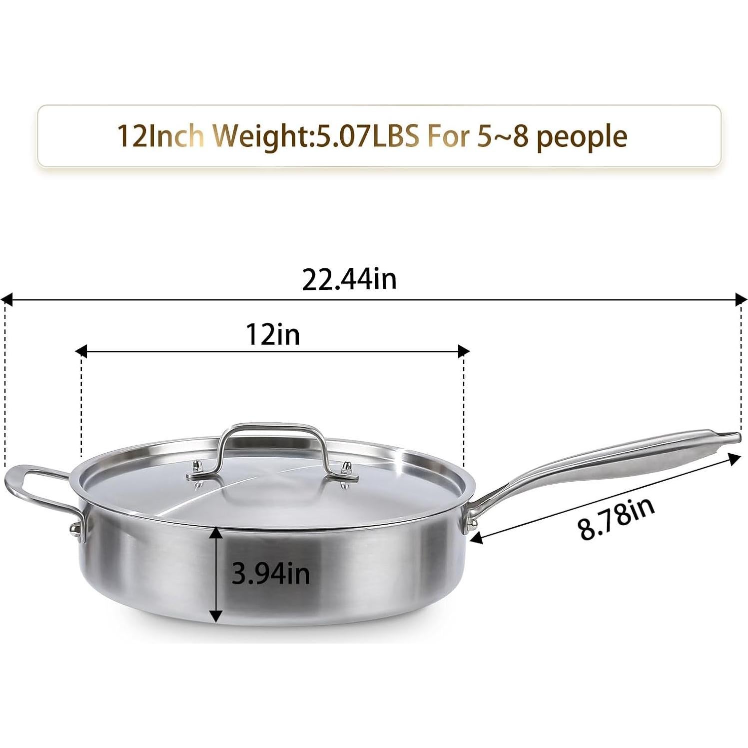 Sartén Jumbo DELARLO 7QT Acero Inoxidable 12 Pulgadas con Tapa