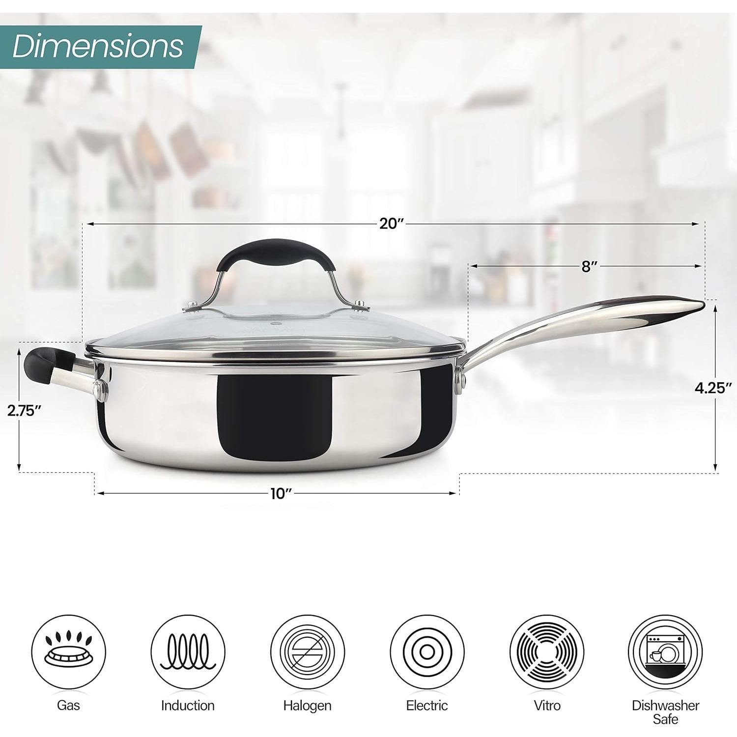 Sartén de Acero Inoxidable AVACRAFT 3.5L con Tapa y Asa