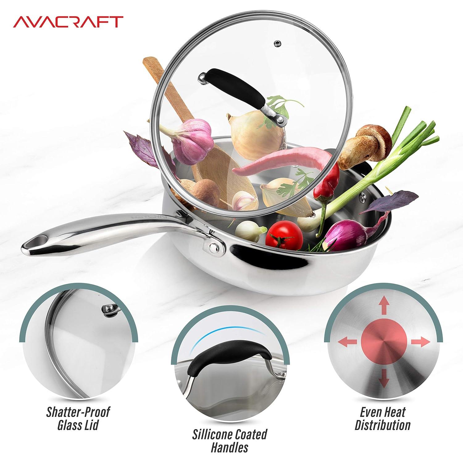 Sartén de Acero Inoxidable AVACRAFT 3.5L con Tapa y Asa