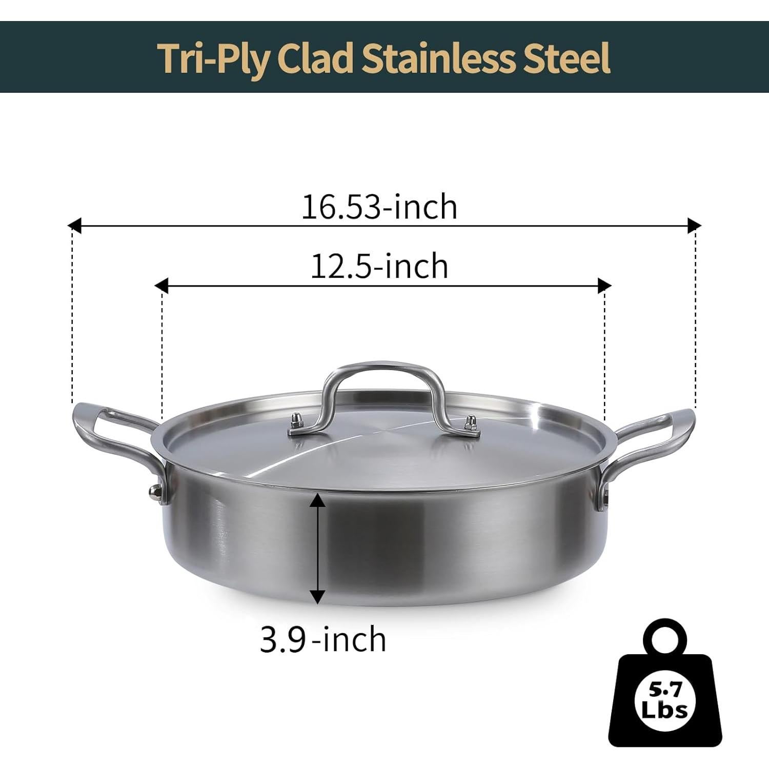 Sartén Profunda Yeksum de Acero Inoxidable 7QT con Tapa