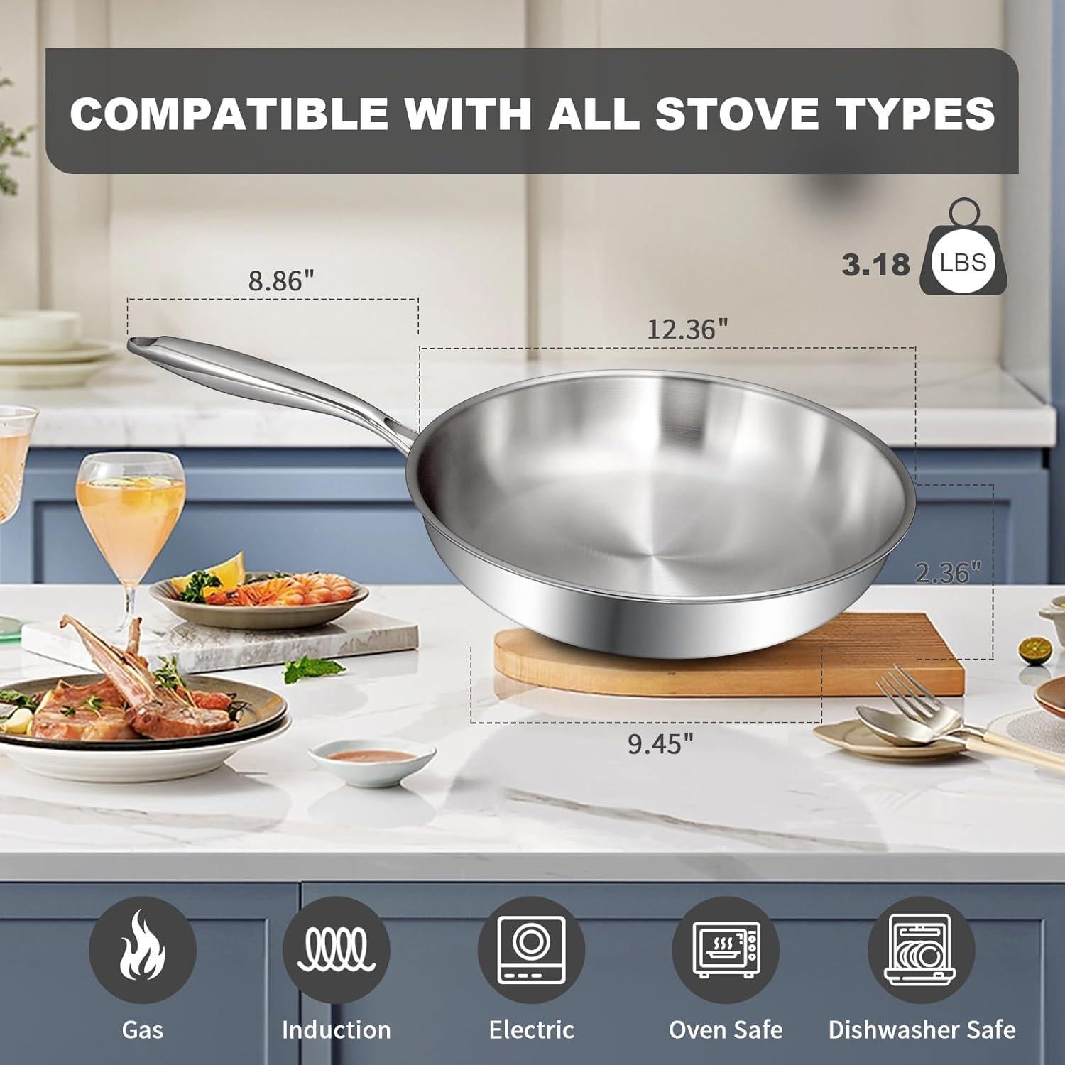 Sartén de Acero Inoxidable EWFEN 30 cm, Apta Inducción y Horno