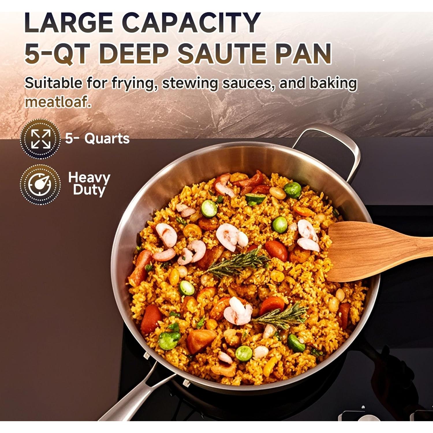 Sartén de Acero Inoxidable 5QT LOLYKITCH con Tapa y Mango Desmontable