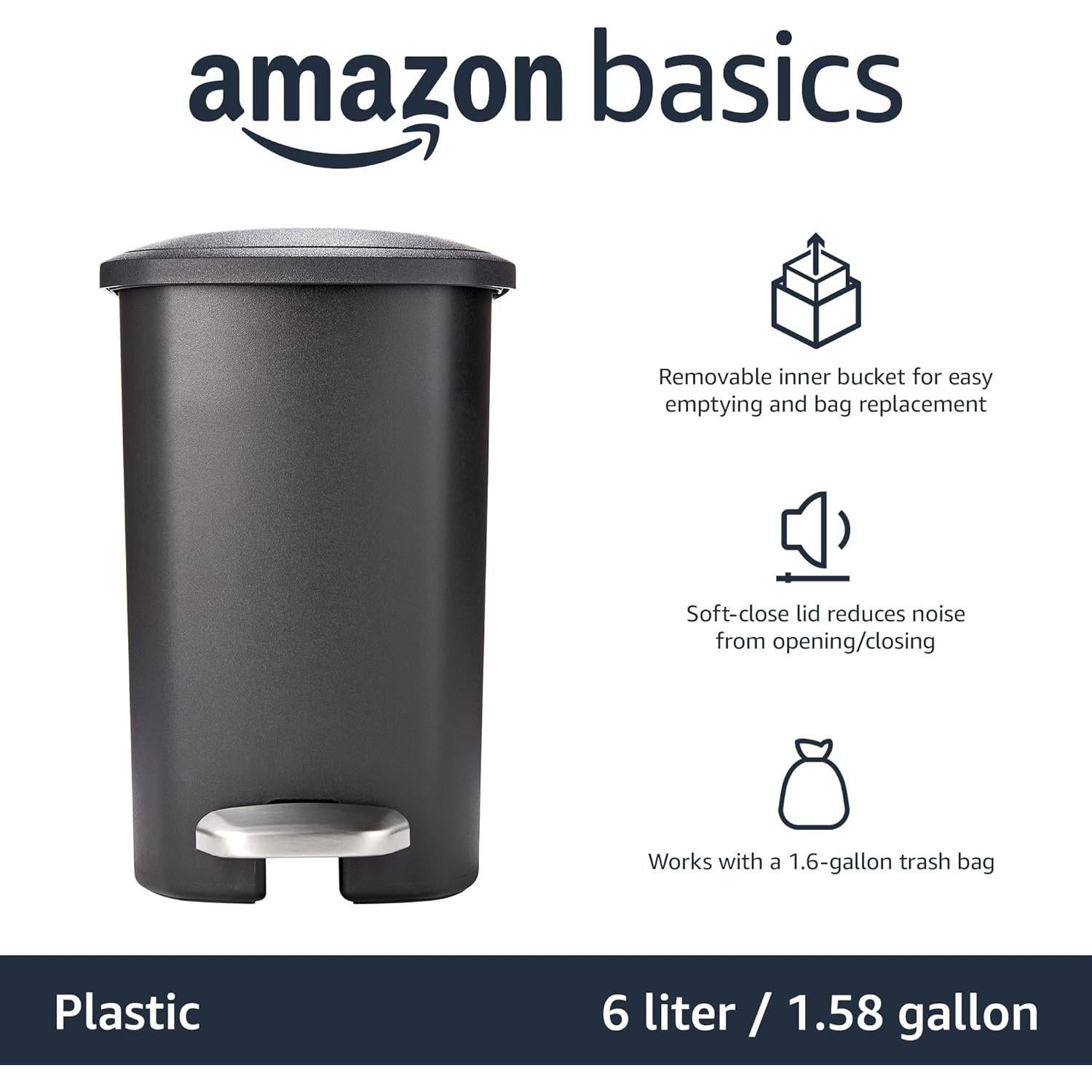 Basurero Compacto Amazon Basics 6L Negro con Pedal Silencioso