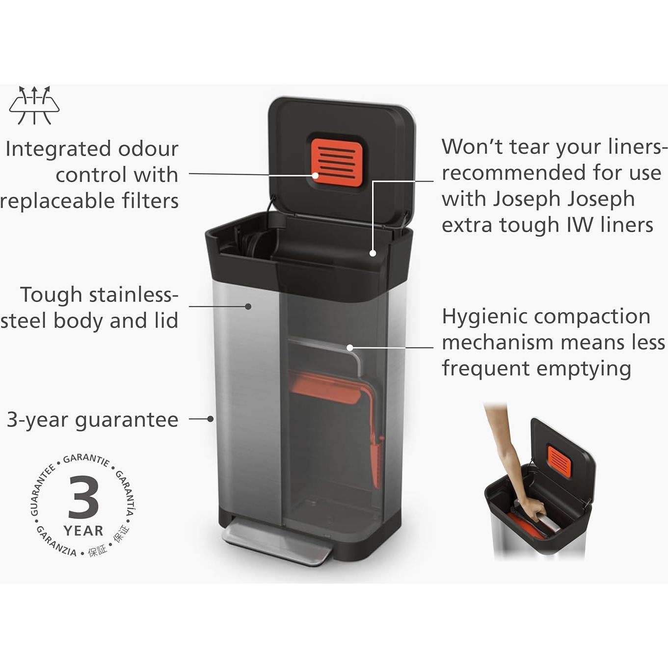 Cubeta de Basura Compresora Joseph Joseph Titan 90L Acero Inoxidable