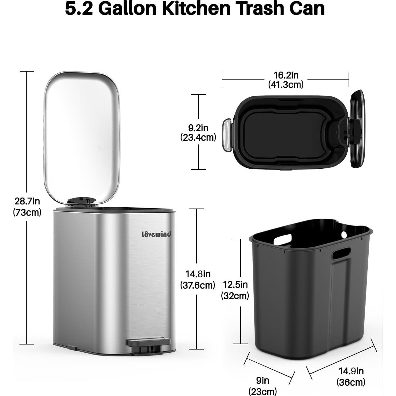 Basurero de Pedal Lovewind 20L Acero Inoxidable Plata