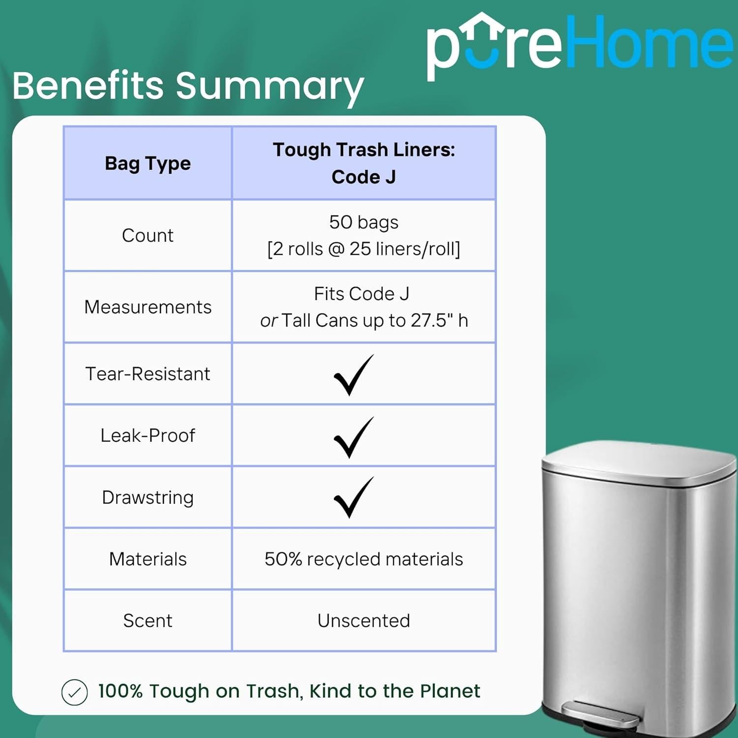 Bolsas de Basura Resistentes pureHome Código J 50 Unidades 30-45L