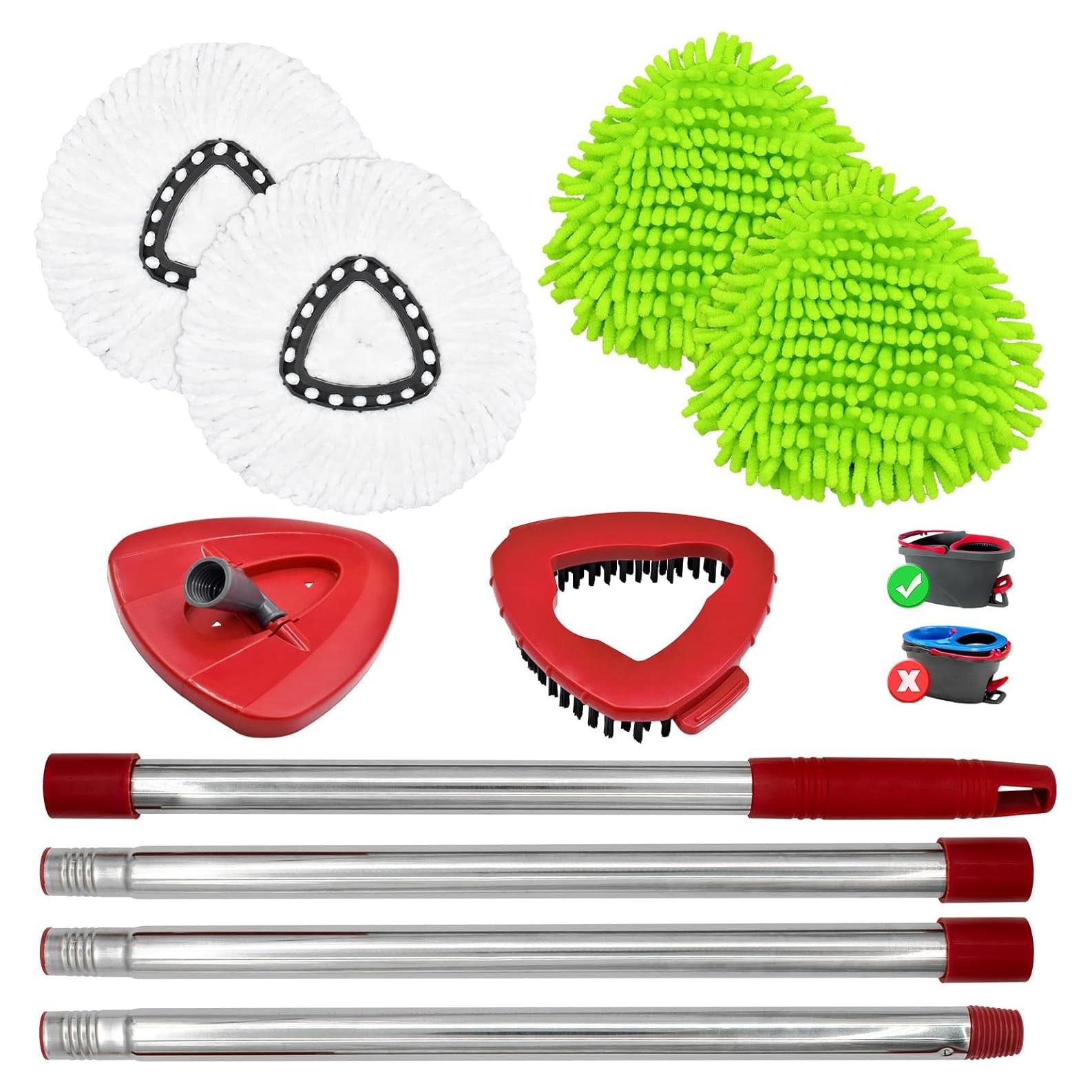 4 Pack Replacement Mop Heads& Handle Scrub Brush and Base Combo Set Compatible with Ocedar Spin Mops Refills，30-58" Mop Handle and Microfiber Head Refills for Cleaning