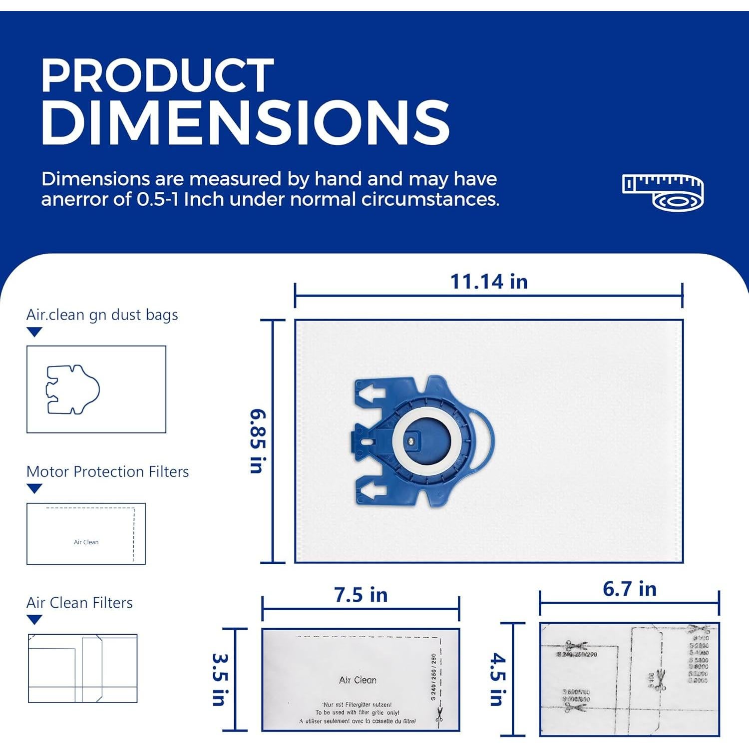 Vacuum Cleaner Bags Fit for Miele Classic C1 Complete C1 C2 C3 S227 S240 S270 S400 S2 S5 S8 Series, Include 15 Packs 3D Efficiency Airclean Bags with 3 Motor Protection Filters and 3 AirClean Filters