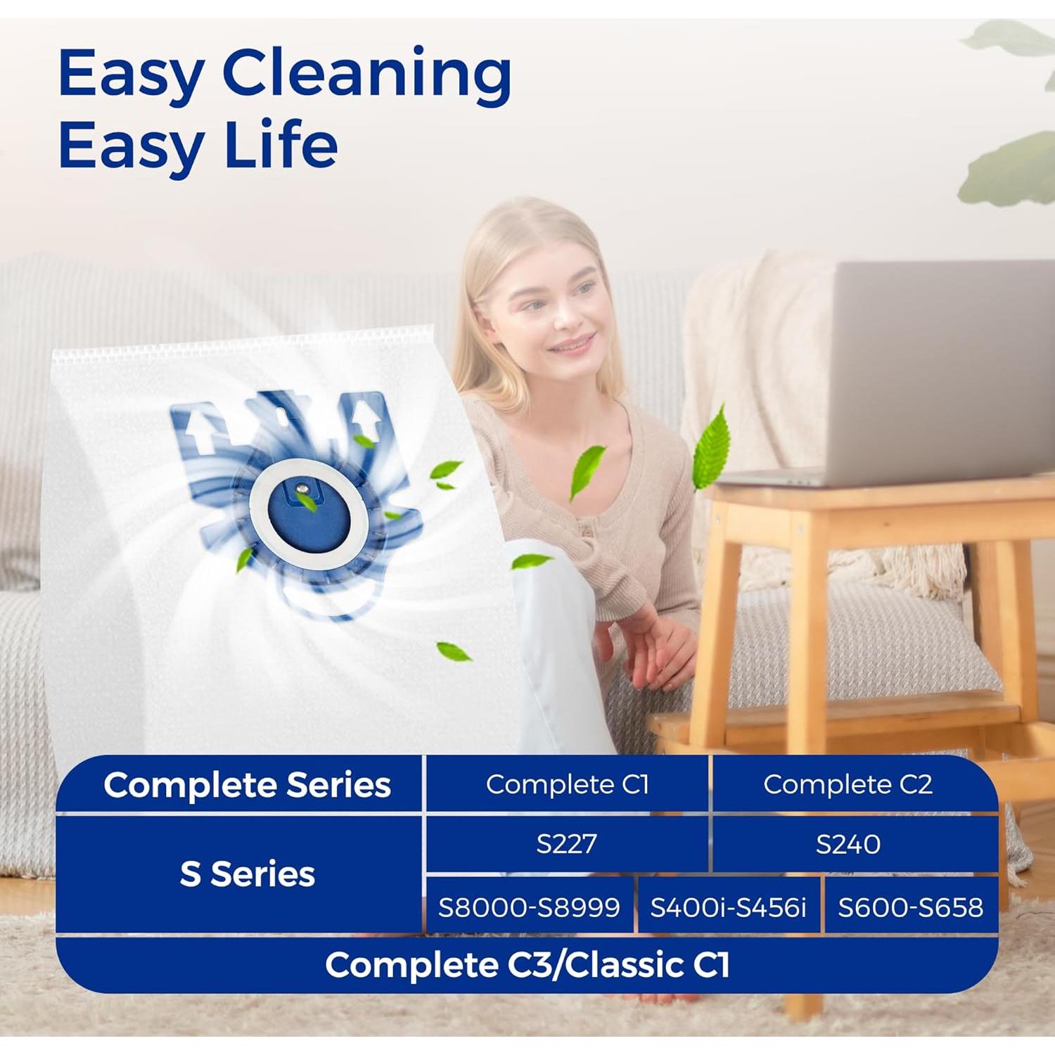 Vacuum Cleaner Bags Fit for Miele Classic C1 Complete C1 C2 C3 S227 S240 S270 S400 S2 S5 S8 Series, Include 15 Packs 3D Efficiency Airclean Bags with 3 Motor Protection Filters and 3 AirClean Filters