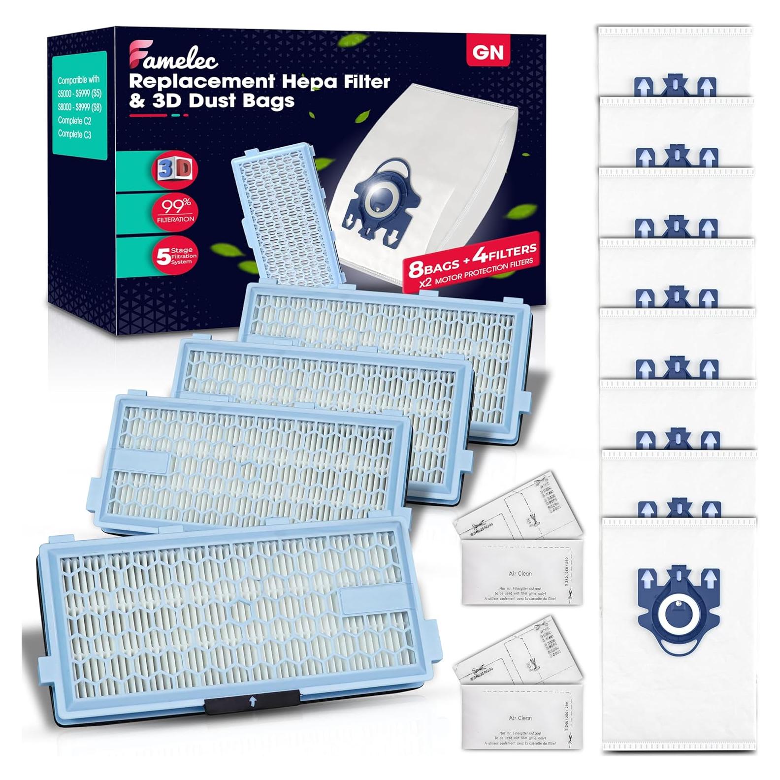 Combo FAMELEC para Aspiradora Miele GN - 4 Filtros HEPA + 8 Bolsas