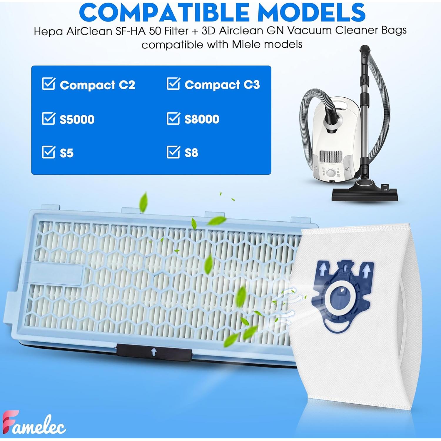 Combo FAMELEC para Aspiradora Miele GN - 4 Filtros HEPA + 8 Bolsas