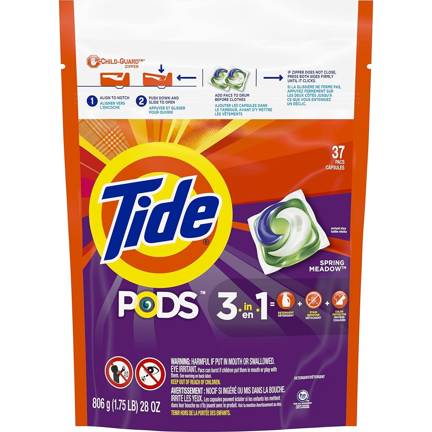 PODS Laundry Detergent Soap Pods, Spring Meadow, 37 Count (Pack of 3 Bag Value Pack), Total 111 Count, HE Compatible