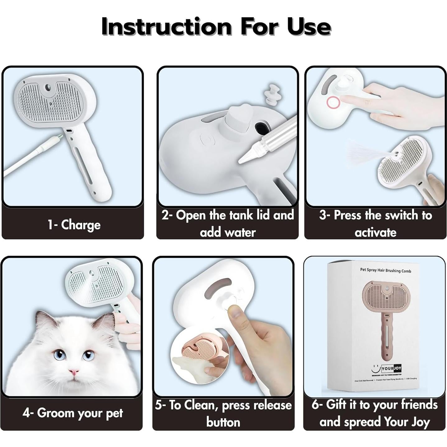 Cepillo de Vapor 4 en 1 Tu Alegría para Gatos y Perros - Blanco