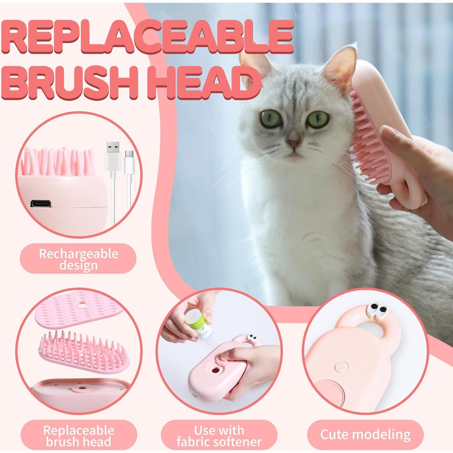 Cepillo de Vapor para Mascotas Susu&Wuwu - Rosa, 17.9x9.3cm