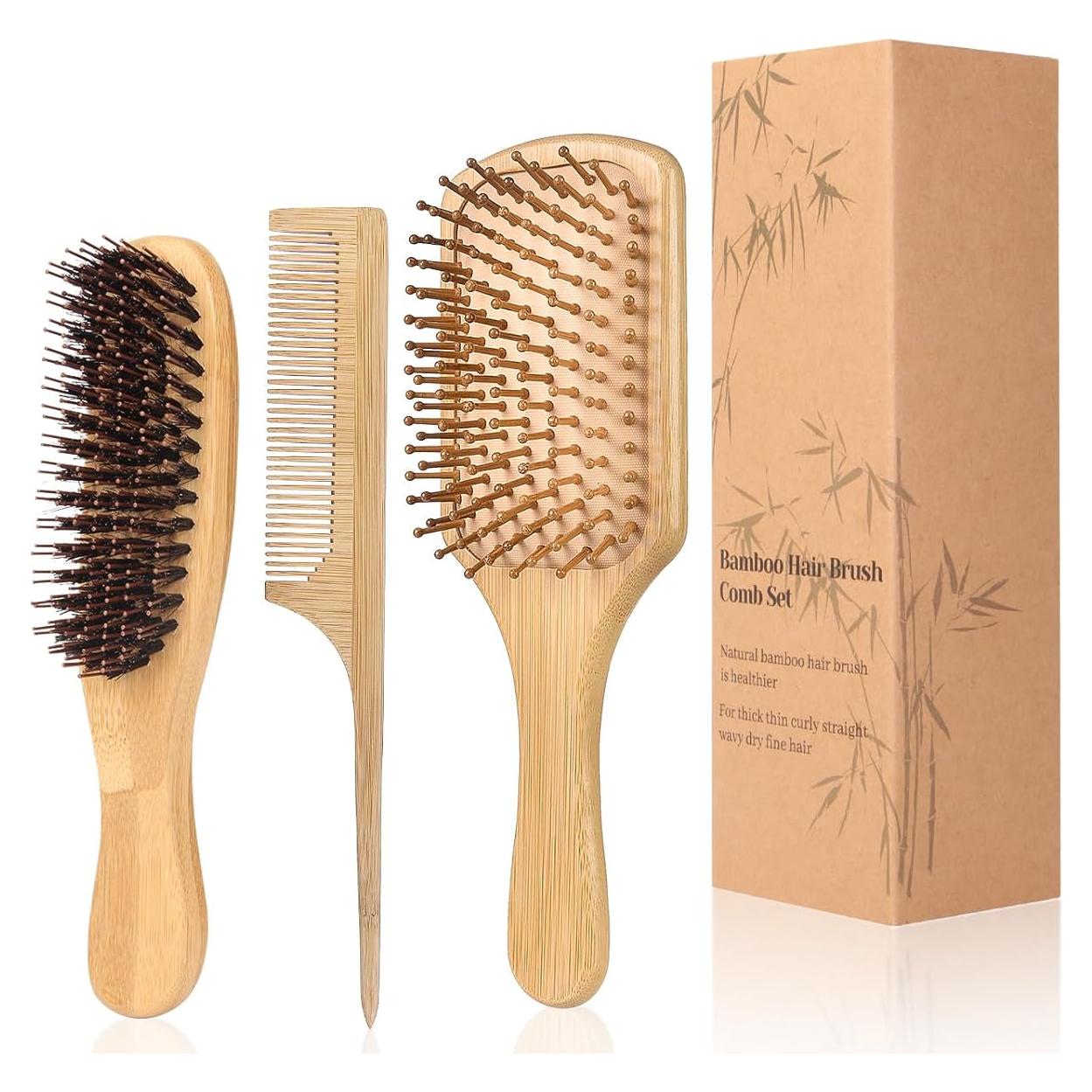 Juego de 3 Cepillos de Pelo de Bambú MenGate - Desenredante y Cerda de Jabalí