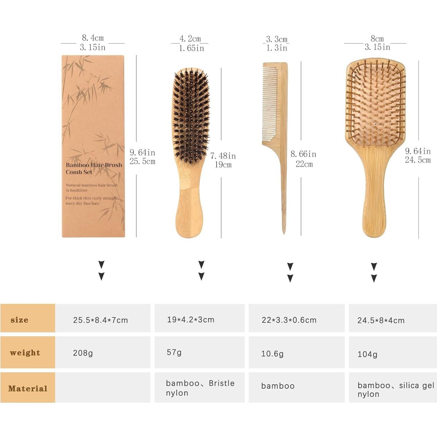 Juego de 3 Cepillos de Pelo de Bambú MenGate - Desenredante y Cerda de Jabalí