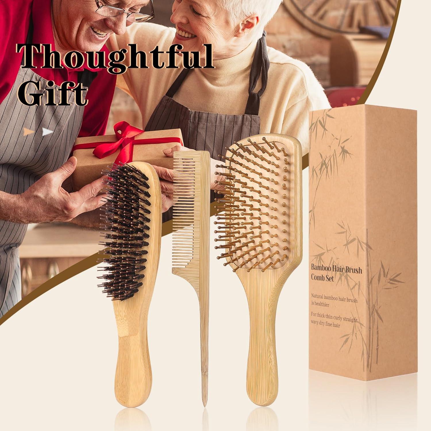 Juego de 3 Cepillos de Pelo de Bambú MenGate - Desenredante y Cerda de Jabalí