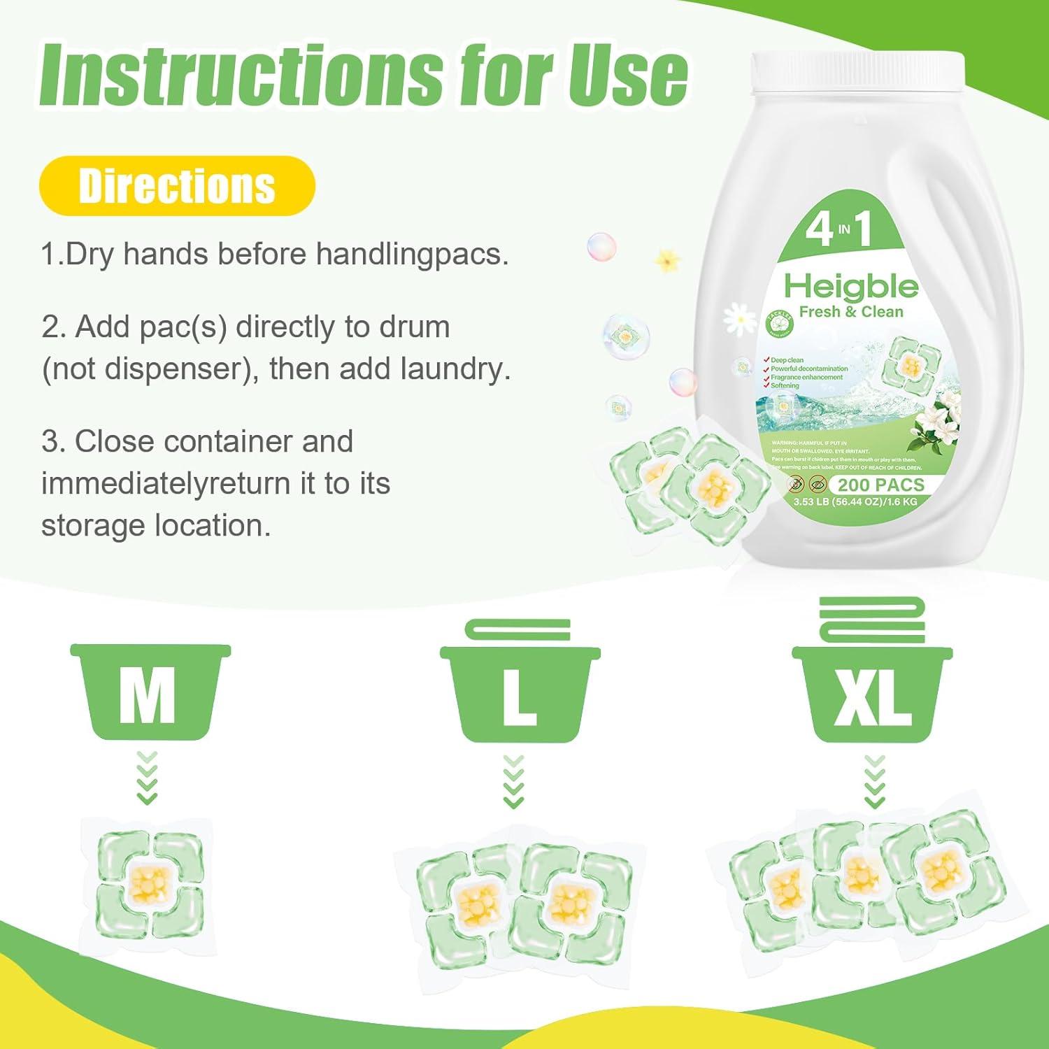 200 Cápsulas Detergente Ropa Heigble 4 en 1 Fragancia Camelia