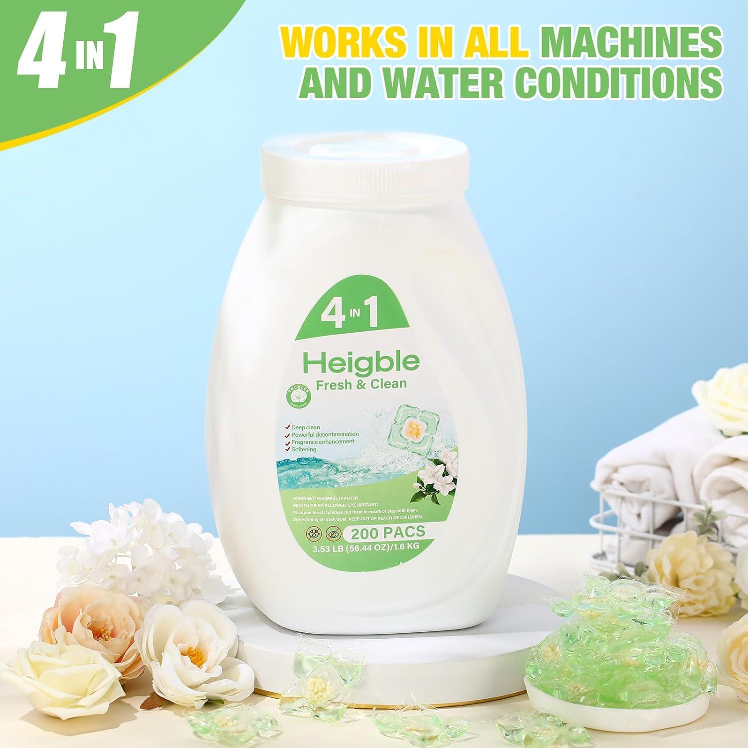 200 Cápsulas Detergente Ropa Heigble 4 en 1 Fragancia Camelia