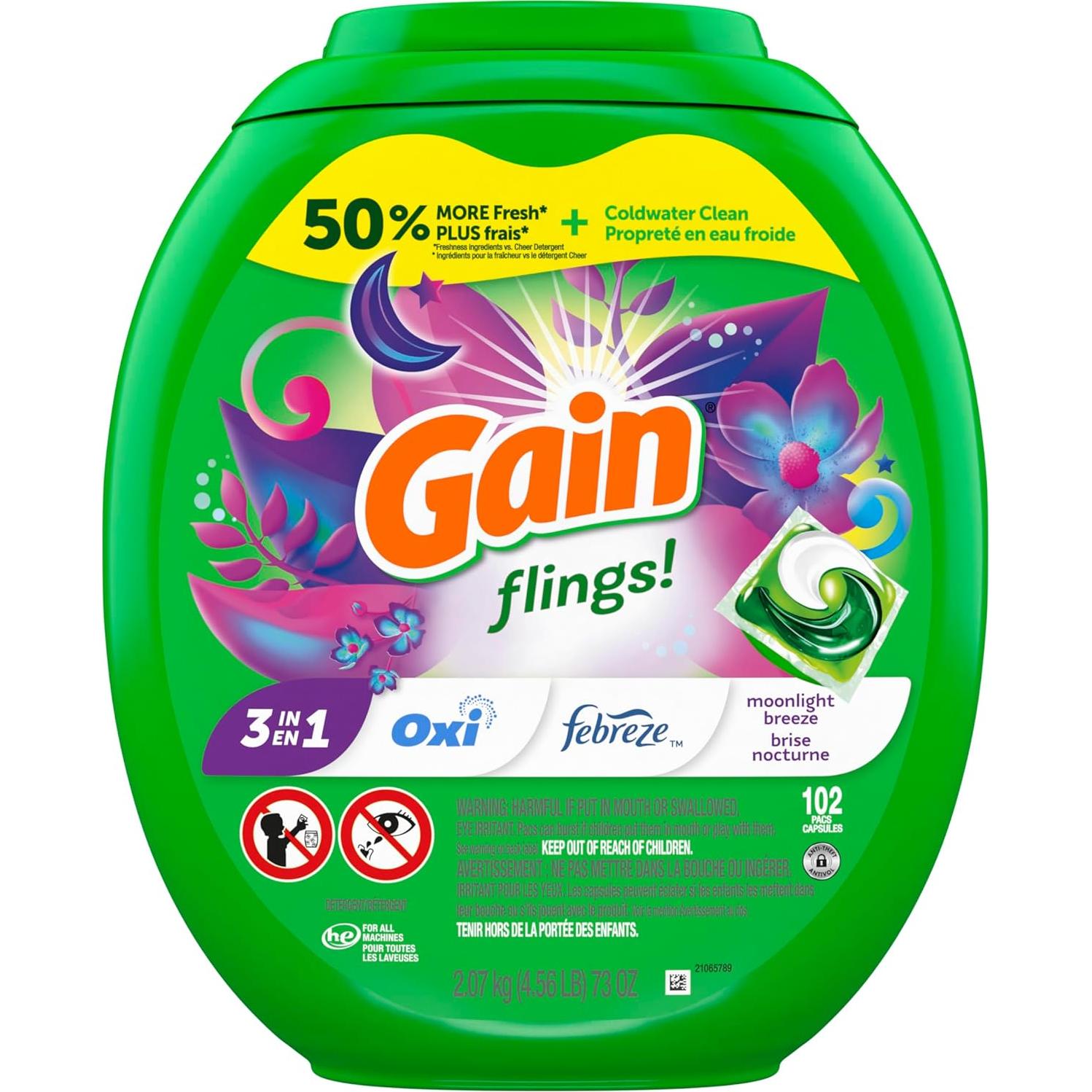 Gain Flings Detergente para Ropa 102 Pacs Aroma Brisa de Luna