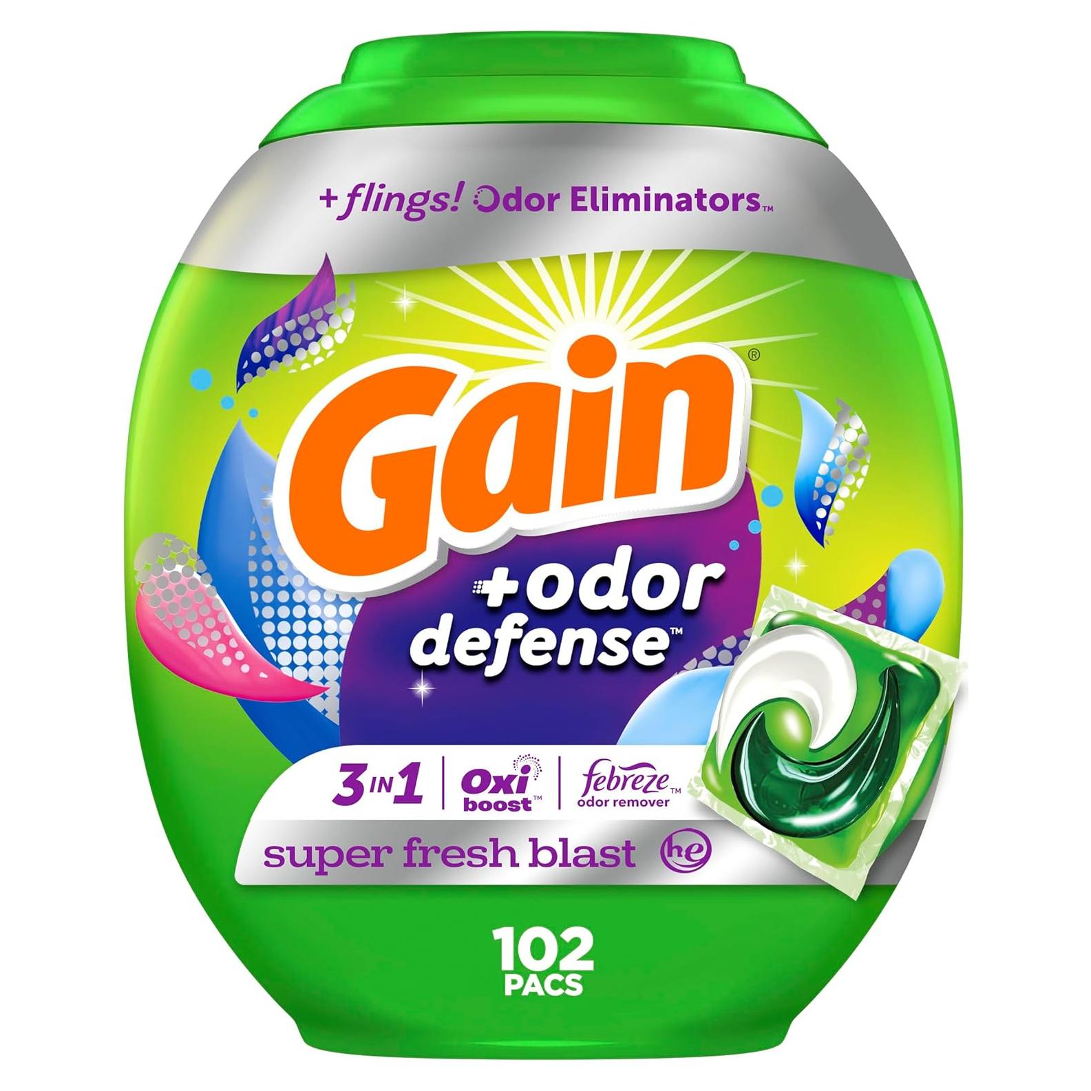 Gain Flings Detergente para Ropa 102 Pacs Oxi y Febreze