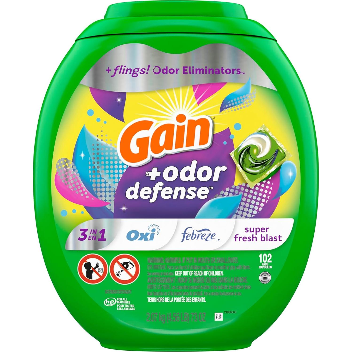 Gain Flings Detergente para Ropa 102 Pacs Oxi y Febreze