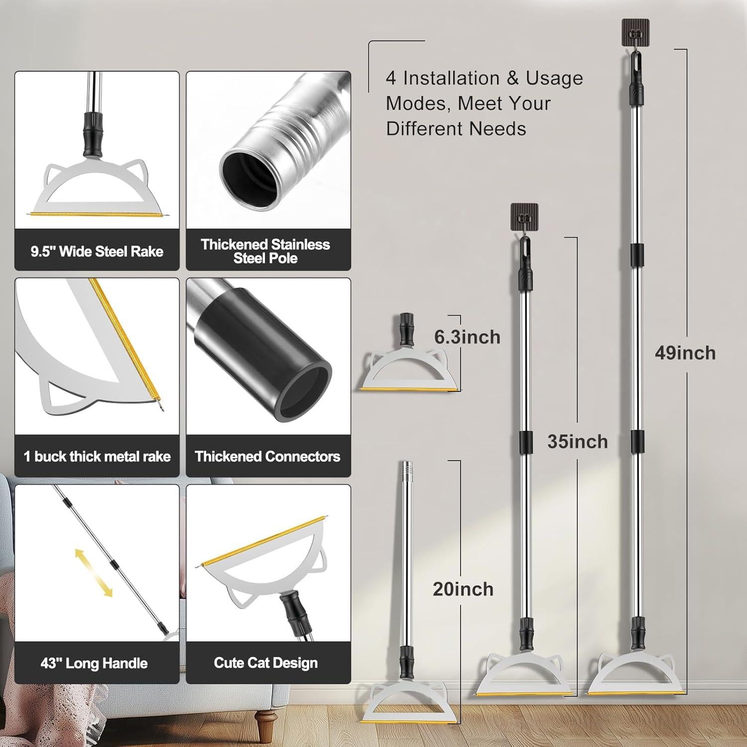 Rastrillo para Alfombras Sklonekun 124 cm Ajustable Pelo Mascotas