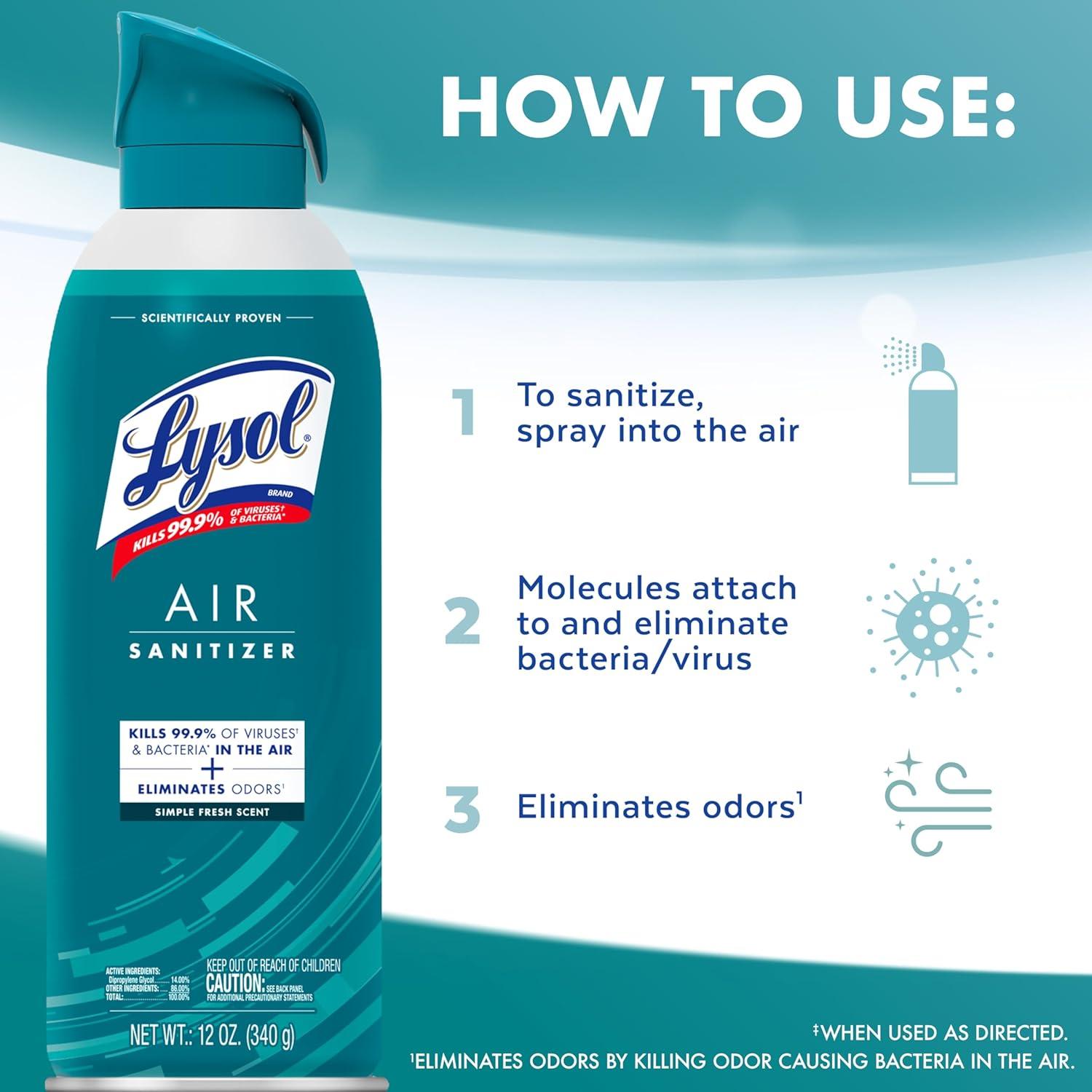 Spray Desinfectante de Aire Lysol 10 oz Pack de 3 - Aroma Fresco Simple