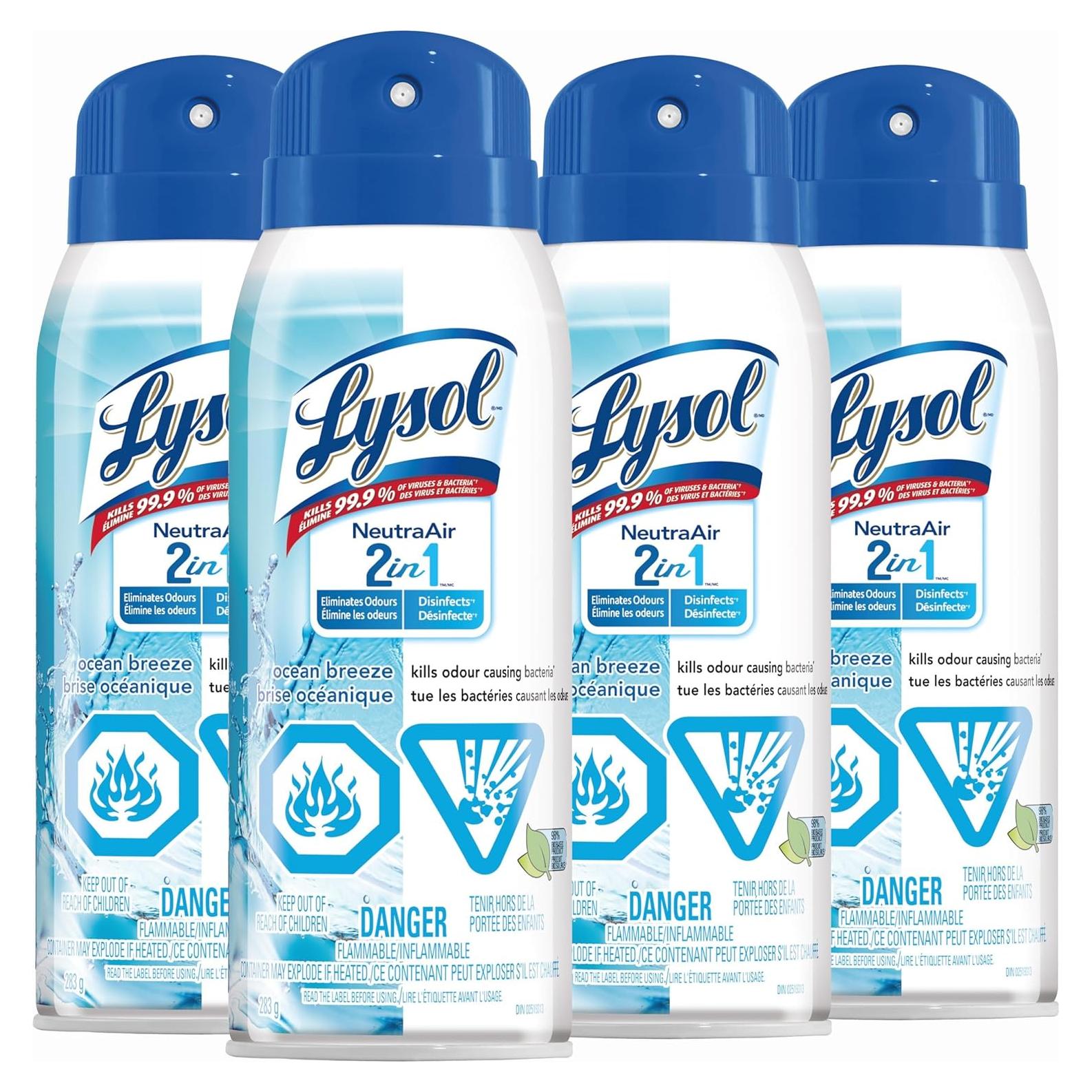 Lysol Neutra Air 2 in 1 Disinfectant Spray, Ocean Breeze Scent, Eliminates Odors, 10 Ounces (Pack of 4)
