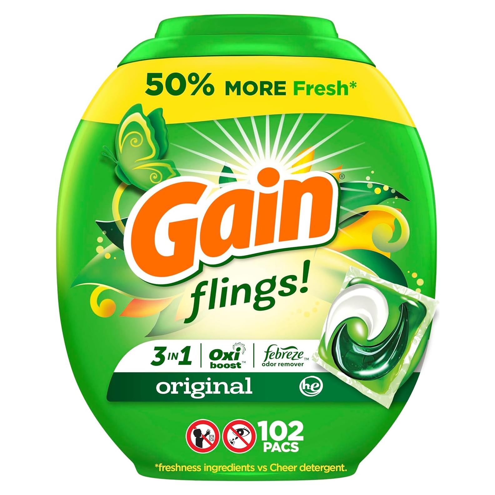 Gain Flings Detergente para Ropa 102 Pacs 2.37kg Aroma Original