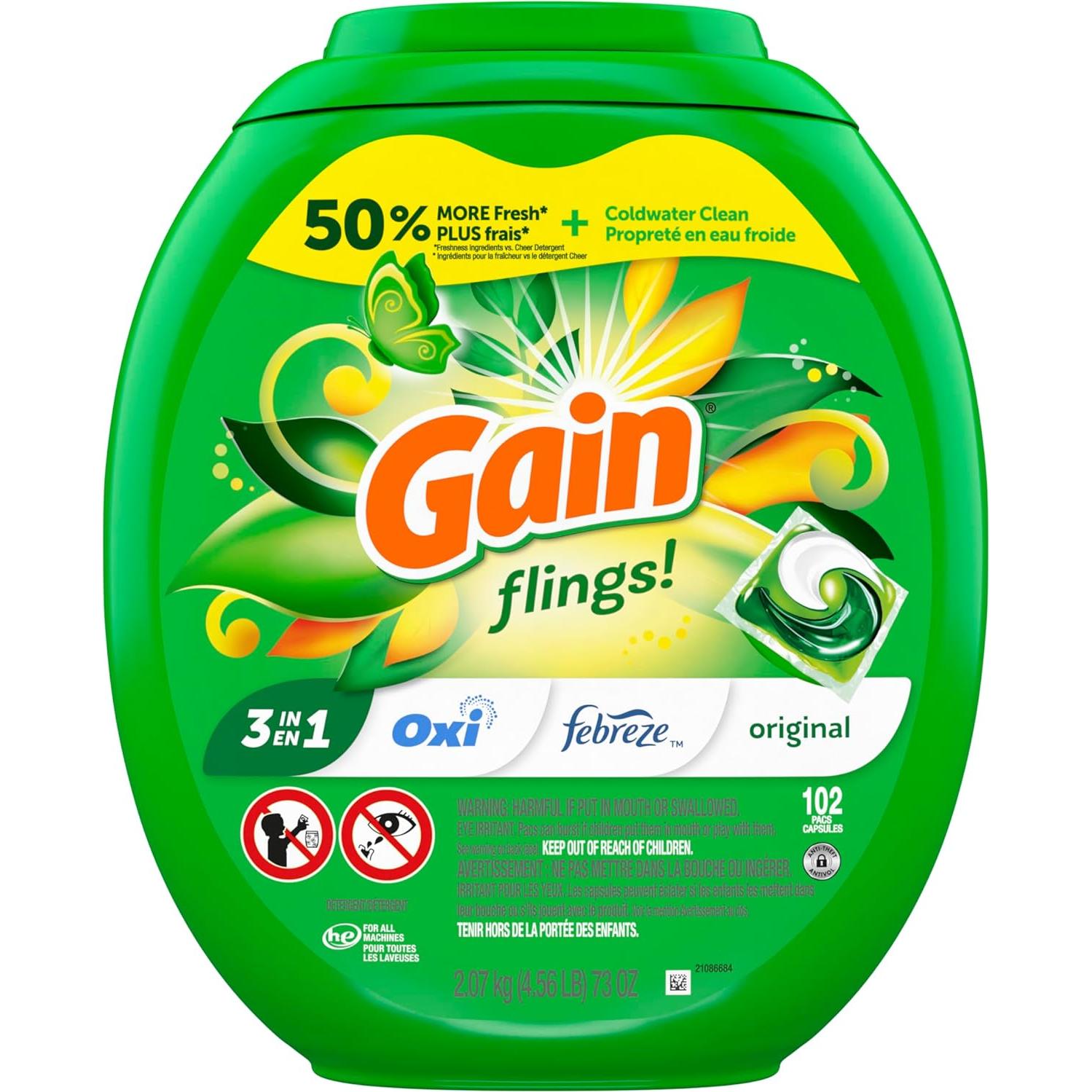 Gain Flings Detergente para Ropa 102 Pacs 2.37kg Aroma Original