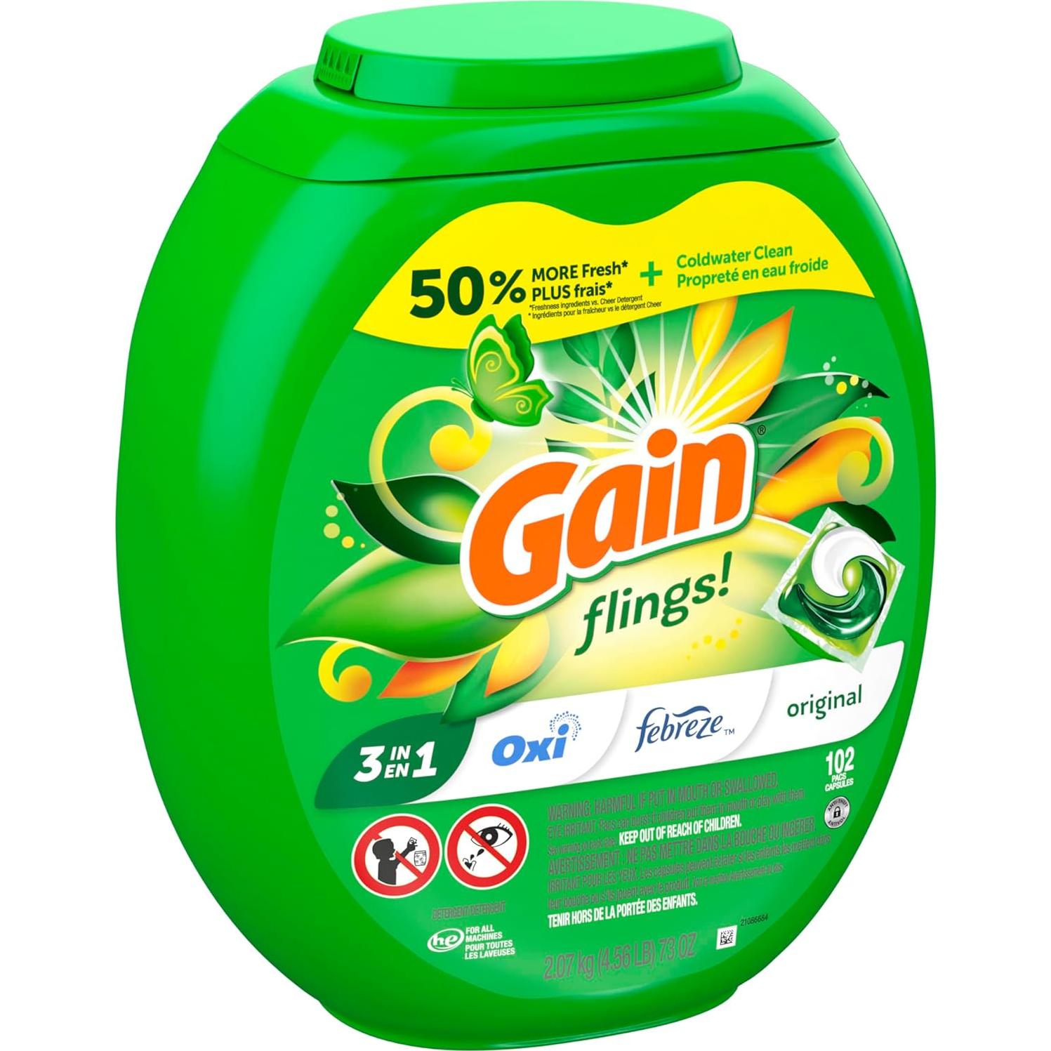 Gain Flings Detergente para Ropa 102 Pacs 2.37kg Aroma Original